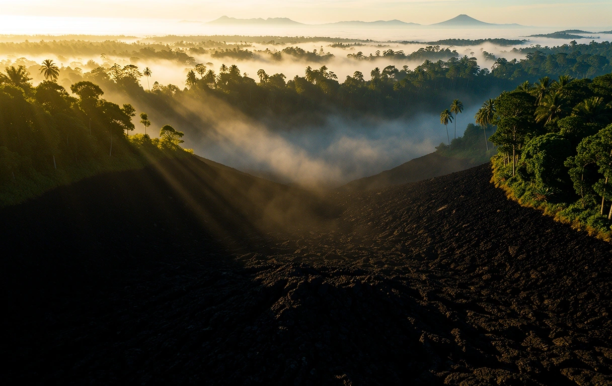 Misty Indonesian volcanic landscape